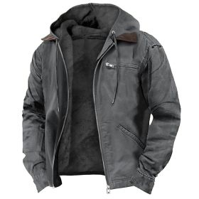 Winter Hooded Coat With Pockets Fashion Warm Fleece Zip-up Jacket Casual Outwear Men's Clothing (Option: Gray 2-XXL)