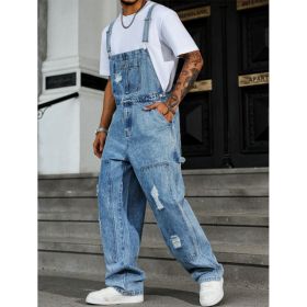 Distressed Light Blue Denim Overalls Men Ripped Loose Fit Vintage Streetwear Bib Overalls US Stock (Option: L214S)