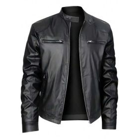Men's Stand-up Collar Leather Jacket Business Casual Jacket (Option: Black-L)