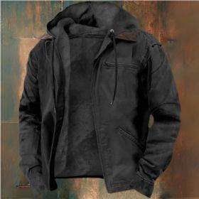 Winter Hooded Coat With Pockets Fashion Warm Fleece Zip-up Jacket Casual Outwear Men's Clothing (Option: Black-L)