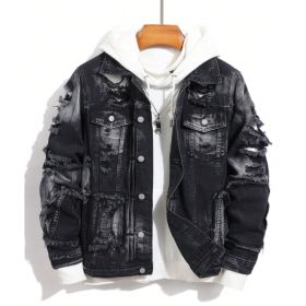Heavy Distressed Black Denim Jacket Men Ripped Vintage Trucker Jacket Ships From US (Option: Y226XXXL)