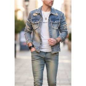 Vintage Ripped Denim Jacket Men Distressed Light Wash Jean Jacket Plus Size Big And Tall US Stock (Option: SY2221XL)