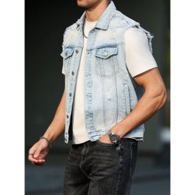 Light Blue Denim Vest Men Frayed Ripped Sleeveless Jean Jacket Ready To Ship From US (Option: MY250XXL)