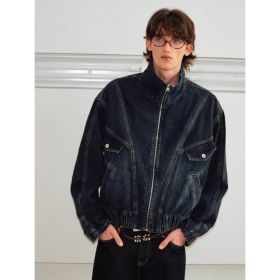 Vintage Washed Denim Jacket Men Oversized Zip Up High Collar Jean Jacket US Warehouse (Option: Y117S)