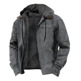 Winter Hooded Coat With Pockets Fashion Warm Fleece Zip-up Jacket Casual Outwear Men's Clothing (Option: Gray-S)