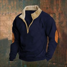 Retro Patchwork Half Cardigan Men's Long-sleeved Sweater (Option: Navy blue-S)