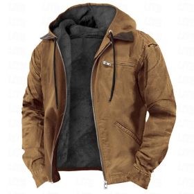 Winter Hooded Coat With Pockets Fashion Warm Fleece Zip-up Jacket Casual Outwear Men's Clothing (Option: Camel-M)