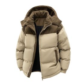 Detachable Hat Cotton-padded Coat For Couple Color Contrast Patchwork Thickened (Option: Khaki-M)