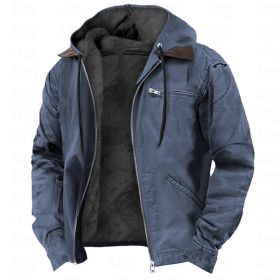 Winter Hooded Coat With Pockets Fashion Warm Fleece Zip-up Jacket Casual Outwear Men's Clothing (Option: Navy blue-L)