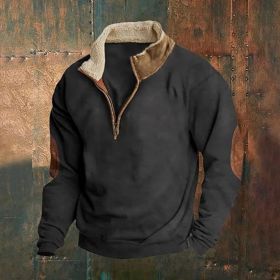 Retro Patchwork Half Cardigan Men's Long-sleeved Sweater (Option: Black-L)